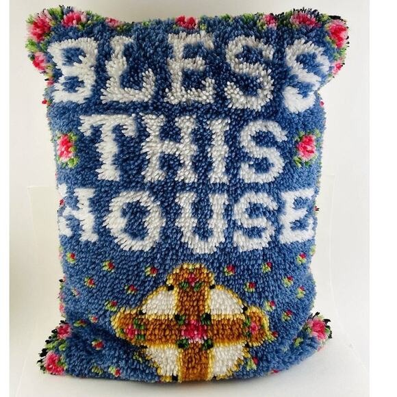 Handmade Vintage Latch Hook Completed Kit Pillow Bless This House 24 x 18.5" - Picture 1 of 8